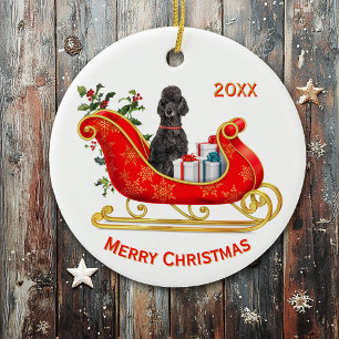Kerst Sleigh Black Poedel Hond Keramisch Ornament