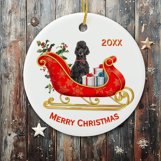 Kerst Sleigh Black Poedel Hond Keramisch Ornament
