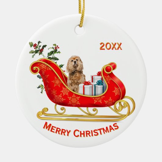 Kerst Sleigh Buff Cocker Spaniel Hond Keramisch Ornament (Voorkant)