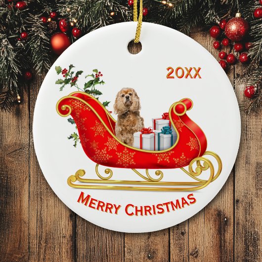 Kerst Sleigh Buff Cocker Spaniel Hond Keramisch Ornament