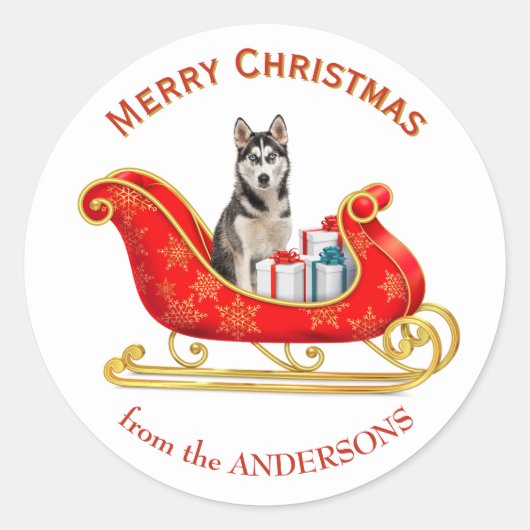 Kerst Sleigh Siberische Husky Hond Ronde Sticker (Voorkant)