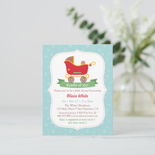 Kerst Sleigh Stroller Baby Shower Uitnodigingen (Staand voorkant)