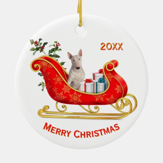 Kerst Sleigh White Bull Terrier Hond Keramisch Ornament (Achterkant)