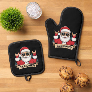 Kerst Sleigher Kerstman Rock Kerstmis Rocker Ovenwant & Pannenlap Set