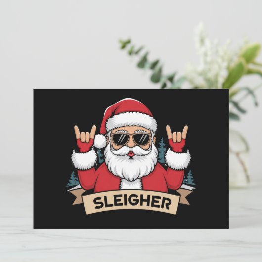 Kerst Sleigher Kerstman Rock Xmas Rocker Feestdagenkaart (Staand voorkant)