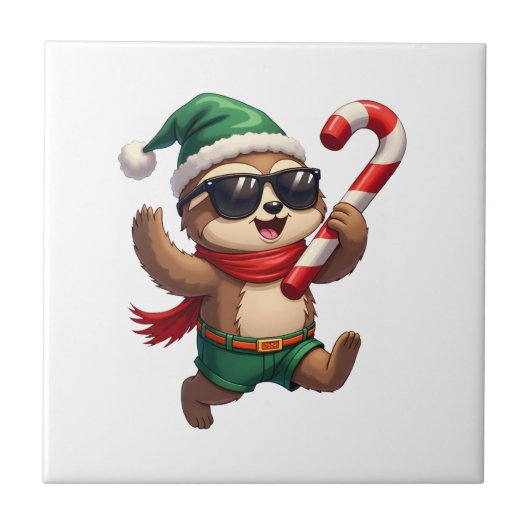 Kerst Sloth Elf Pepermunt Candy Cane Shirt Gi Tegeltje (Voorkant)