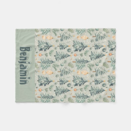 Kerst Sneeuw en Bomen mos groen met naam Fleece Deken (Voorkant (Horizontaal))