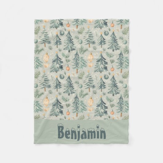 Kerst Sneeuw en Bomen mos groen met naam Fleece Deken (Voorkant)