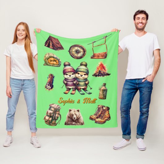 Kerst Sneeuw Ski Otter Paar Outdoor Mint Groen Fleece Deken (In situ)