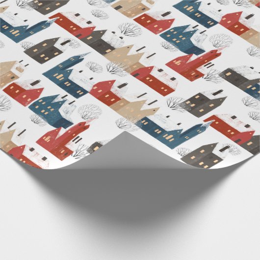 Kerst Sneeuwdorp Gezellig Feestelijk Nostalgisch Cadeaupapier (Hoek)