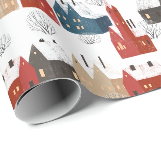 Kerst Sneeuwdorp Gezellig Feestelijk Nostalgisch Cadeaupapier (Rol Hoek)