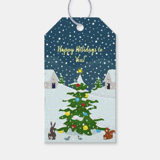 Kerst sneeuwdorp met kerstboom cadeaulabel (Voorkant)