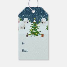 Kerst sneeuwdorp met kerstboom cadeaulabel