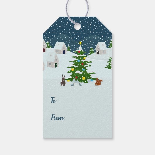 Kerst sneeuwdorp met kerstboom cadeaulabel (Achterkant)