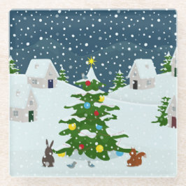 Kerst sneeuwdorp met kerstboom en ani glazen onderzetter