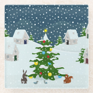 Kerst sneeuwdorp met kerstboom en ani glazen onderzetter