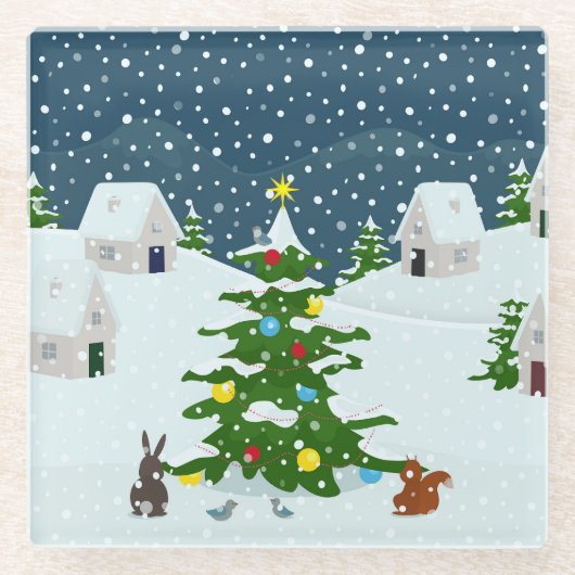 Kerst sneeuwdorp met kerstboom en ani glazen onderzetter (Voorkant)