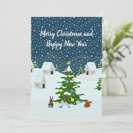 Kerst sneeuwdorp met kerstboom feestdagenkaart (Staand voorkant)