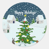 Kerst sneeuwdorp met kerstboom ronde sticker (Voorkant)