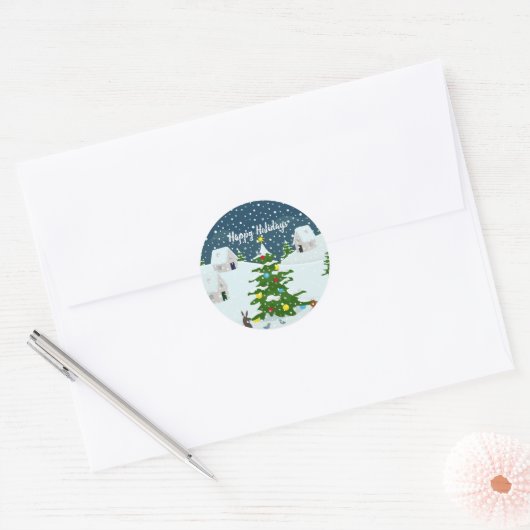 Kerst sneeuwdorp met kerstboom ronde sticker (Envelop)