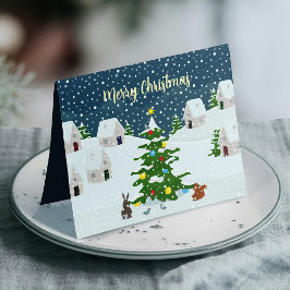 Kerst sneeuwdorp met schattige dieren aankondiging