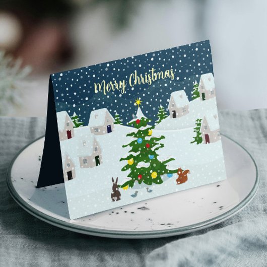 Kerst sneeuwdorp met schattige dieren aankondiging