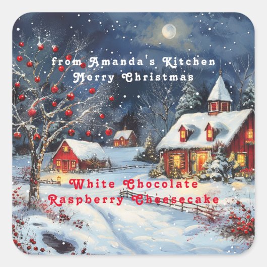 Kerst Sneeuwende Winter Cottage Volle Maan Vierkante Sticker (Voorkant)