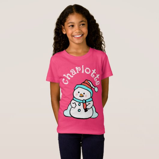 Kerst Sneeuwman Custom Naam Meisjes Roze T-shirt (Voorkant volledig)