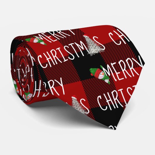 Kerst Sneeuwman en Boom op Buffalo Plaid Stropdas (Opgerold)