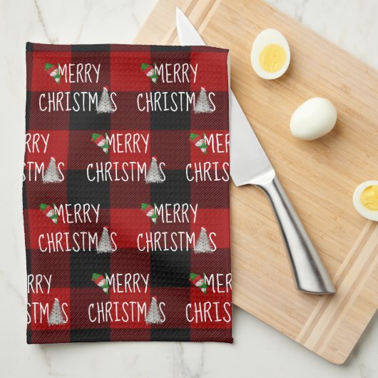 Kerst Sneeuwman en Boom op Buffalo Plaid Theedoek (Quarter Fold)