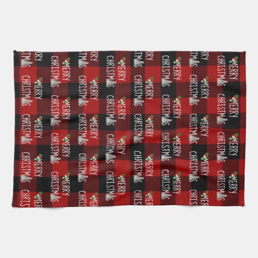 Kerst Sneeuwman en Boom op Buffalo Plaid Theedoek (Horizontaal)