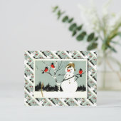  kerst, sneeuwman en roodborstjes feestdagenkaart (Staand voorkant)