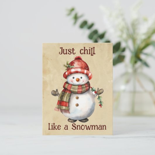 Kerst Sneeuwman Gewoon Chill Quote Leuke Waterverf Briefkaart (Staand voorkant)