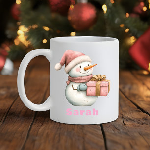 Kerst Sneeuwman Holding Gift Custom Name Koffiemok
