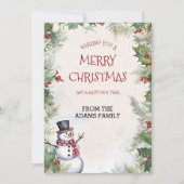 Kerst Sneeuwman Holly Fir en Sneeuw Scene Familie Feestdagenkaart (Voorkant)