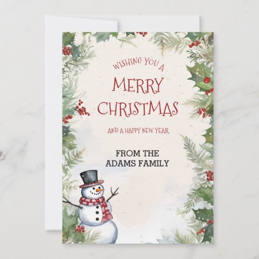 Kerst Sneeuwman Holly Fir en Sneeuw Scene Familie Feestdagenkaart (Voorkant)