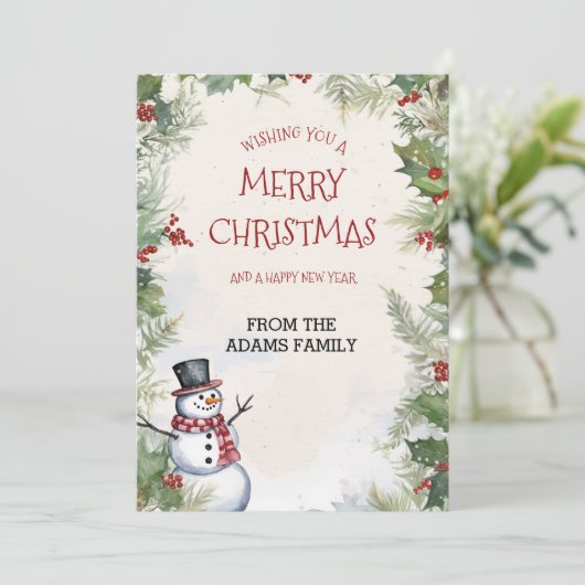 Kerst Sneeuwman Holly Fir en Sneeuw Scene Familie Feestdagenkaart (Staand voorkant)