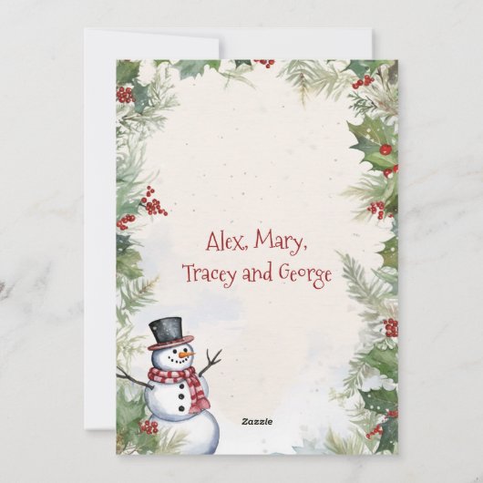 Kerst Sneeuwman Holly Fir en Sneeuw Scene Familie Feestdagenkaart (Achterkant)