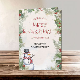 Kerst Sneeuwman Holly Fir en Sneeuw Scene Familie Kaart
