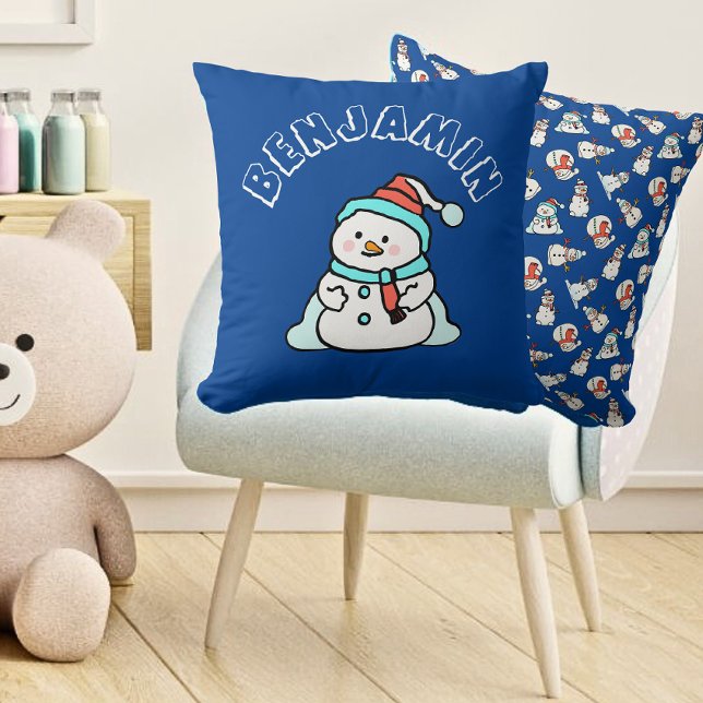 Kerst Sneeuwman Jongens Naam | Blauw Kussen (Front And Back - Boys Playroom)