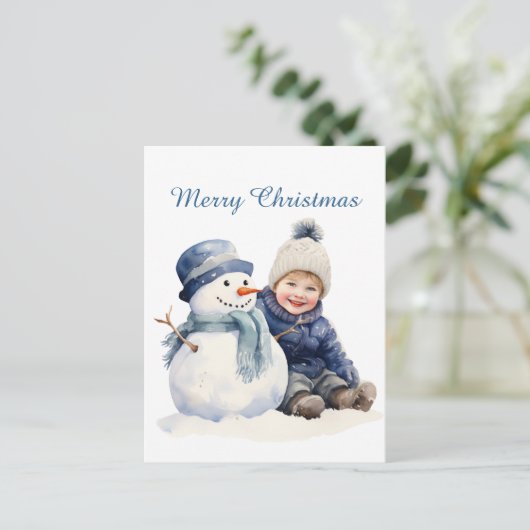 Kerst sneeuwman kind tekst toevoegen waterverf Vak Feestdagenkaart (Staand voorkant)