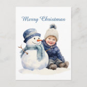 Kerst sneeuwman kind tekst toevoegen waterverf Vak Feestdagenkaart (Voorkant)