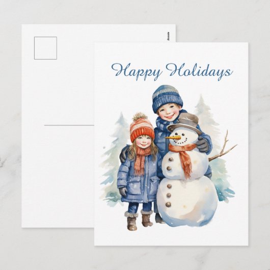 Kerst sneeuwman kinder tekst toevoegen waterverf V Feestdagenkaart (Voorkant / Achterkant)