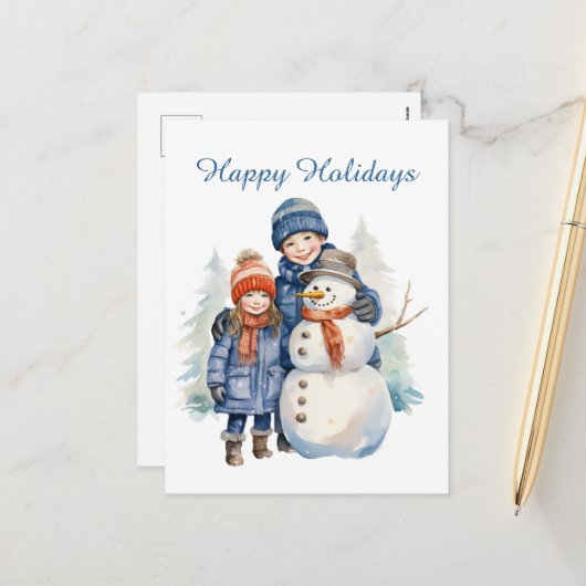 Kerst sneeuwman kinder tekst toevoegen waterverf V Feestdagenkaart (Voorkant / Achterkant in situ)