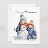 Kerst sneeuwman kinder tekst toevoegen waterverf V Feestdagenkaart (Voorkant / Achterkant)