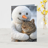 Kerst Sneeuwman Knuffelen Een Tabby Cat Kaart (Gele Bloem)