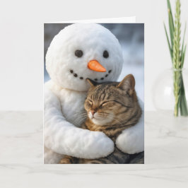 Kerst Sneeuwman Knuffelen Een Tabby Cat Kaart