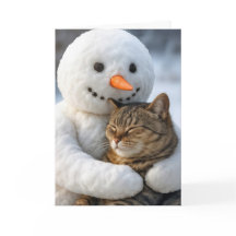 Kerst Sneeuwman Knuffelen Een Tabby Cat