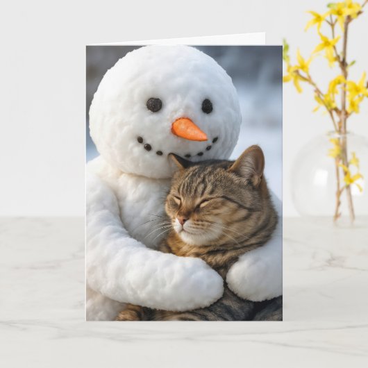 Kerst Sneeuwman Knuffelen Een Tabby Cat Kaart (Gele Bloem)