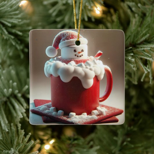 Kerst Sneeuwman met Warme Chocolademelk Keramisch Ornament (Boom)